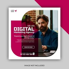 a flyer for a digital marketing company with a man on his laptop in front of him