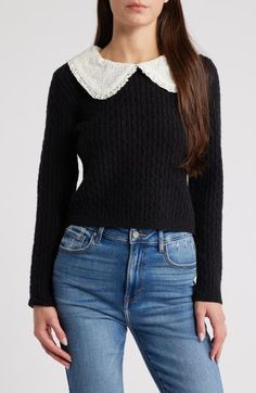 A contrasting eyelet-embroidered collar tops this cozy, cable-stitched sweater framed by ribbed trim and perfect for adding a polished touch to your look. 19 1/2" length Back keyhole with button-and-loop closure Peter pan collar Long sleeves Ribbed cuffs and hem 43% acrylic, 30% polyester, 27% nylon Dry clean Imported Winter In Germany, Stitched Sweater, Peter Pan Collar Sweater, Germany Outfits, Embroidered Collars, Collar Sweater, Collar Top, Pan Collar, Peter Pan Collar