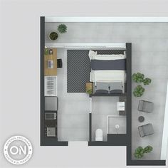 an overhead view of a bedroom and living room in a small apartment with one bed