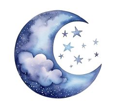 watercolor painting of the moon and clouds with stars in the night sky on white background