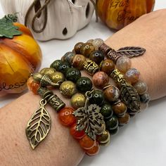 "These Fall/Autumn theme Stretchy bracelets are handmade with an assorted selection of beads personally by me, Derlis.  You can pick your size bracelet and your favorite color. Also, you can choose to get the full set of 6 bracelets or separately. A wonderful gift to your friends, family or love ones, or to wear at Thanksgiving dinner, family reunion. It is very important that you measure your wrist before placing your order to find your correct size bracelet. You can use a flexible tape measure Dinner Family, Autumn Jewelry, Picasso Jasper, Tiger Eye Beads, Stackable Bracelets, Square Bead, Stretchy Bracelets, Jasper Beads, Brass Gold