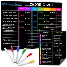 a chalkboard with markers and writing on it next to the menu for a family's chore chart