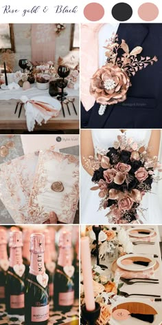 a collage of photos with wine bottles, flowers and champagnes on them in different colors