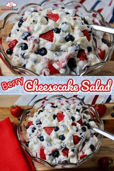 berry cheesecake salad in a glass bowl with strawberries and blueberries