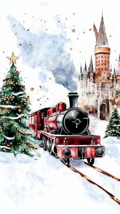 a train traveling past a christmas tree in front of a castle on top of a snow covered hill