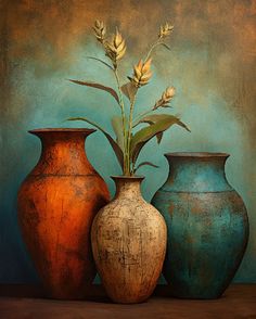 three vases with flowers in them sitting on a table