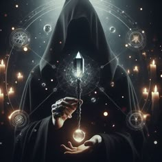 a hooded person holding a crystal ball in front of an array of candles and symbols