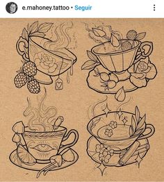 an image of tea cups with food in them on the paper sheet that says e mahoney tattoo - seguir