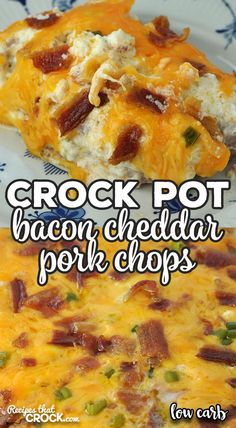 crock pot bacon cheddar pork chops on a white and blue plate