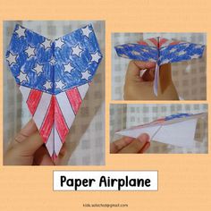 an origami paper airplane with the american flag on it's side and four different views