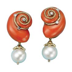 18k Gold Salmon Coral Pearl and Diamond Earrings | Pearl | Earrings | Jewelry | ScullyandScully.com 18k Gold Earrings, Pearl And Diamond Earrings, Luxury Earrings, Coral Earrings, Cubic Zirconia Jewelry, Coral Jewelry, Earrings Pearl, Pearl Diamond, Coral Turquoise