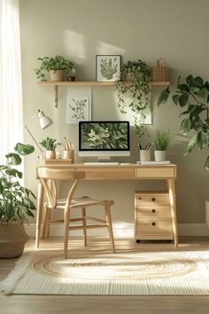 a desk with a computer on top of it next to some plants and potted plants