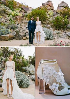 the bride and groom are posing for pictures in their wedding dresses, high - heeled shoes, and flowers