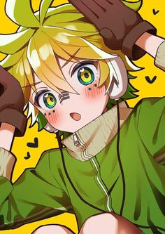 an anime character with blonde hair and green eyes wearing headphones, sitting on the ground