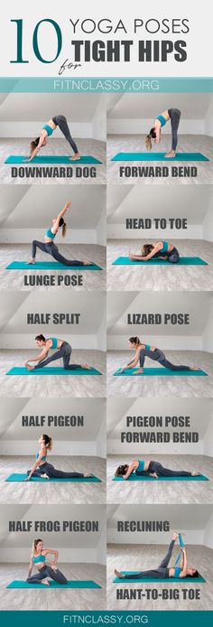 the 10 yoga poses for high hipss and low back shoulders are shown in this poster