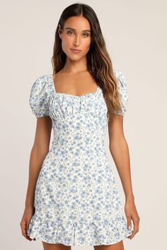 White Floral Puff Sleeve Dress - Lace-Up Mini Dress - LUSH Dress - Lulus Confirmation Dresses For Teens, Ditsy Floral Dress, Back Skirt, Floral Dresses Short, Ditsy Floral Print, Retro Clothing, Grad Dresses, Floral Blue Dress, Mod Dress