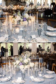 there are two pictures of the same table set for a formal function with blue linens and white flowers