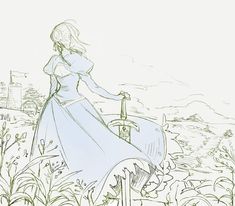 a drawing of a woman in a blue dress sitting on a bench looking at the city