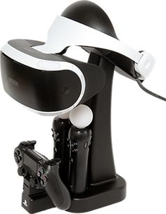 a black and white game controller with a headset on it