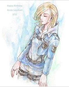 a drawing of a girl with blonde hair wearing a blue jacket and jeans, standing in front of a watercolor background