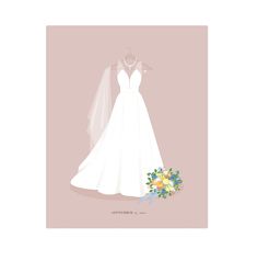 a wedding dress and bouquet on a hanger with the bride's name written