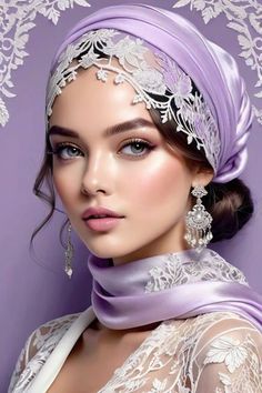 a beautiful woman wearing a purple head scarf and jewelry on her neck, with an intricate veil over her head