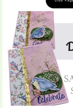 three greeting cards with birds on them and the words celebrate written in gold foils