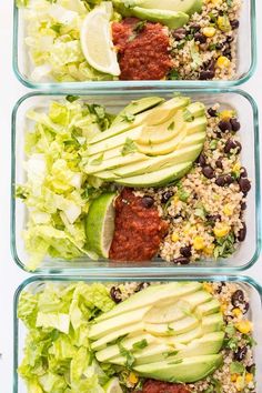 three glass containers filled with salad and avocado on top of a white table