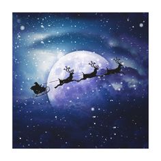 santa's sleigh with reindeers flying in front of a full moon