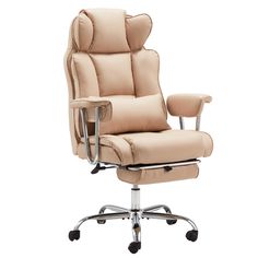 an office chair with a foot rest on the back and armrests, in beige leather