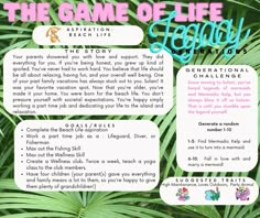 an advertisement for the game of life story book, featuring palm leaves and other things