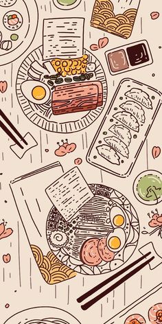 an illustration of food on a table with chopsticks and utensils around it