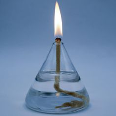 a lit candle in a glass beakle filled with water and sand on a blue background