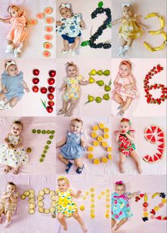 a collage of baby photos with numbers and candies on them, all in different colors