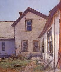 a painting of an old white house with broken windows