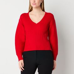 Worthington knows how to design essentials to flatter your silhouette, like this cold-weather essential women's sweater. Made from soft ribbed-knit, it has a v-neckline, balloon long sleeves, and looks great with everything from a tailored pants, skirts, jeans or leggings.Closure Type: Pullover HeadFit: Modern FitNeckline: V NeckSleeve Length: Long SleeveSleeve Style: Balloon SleeveApparel Length: 26 InchesFiber Content: 50% Rayon, 28% Polyester, 22% NylonFabric Description: KnitCare: Machine Wa Pants Skirts, Skirts Jeans, Design Essentials, Large Sweaters, Small Sweater, Long Sleeve Pullover Sweater, Pullover Sweater Women, Tailored Pants, Red Sweaters