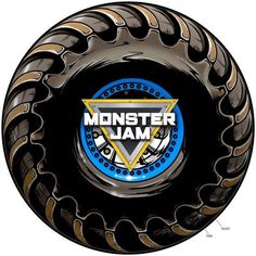 the monster jam logo is shown on this black and gold frisbee with blue accents