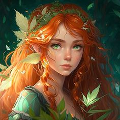 a girl with long red hair and green eyes is standing in the woods surrounded by leaves