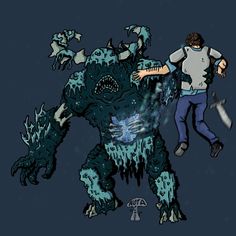 a drawing of a man holding a knife next to a giant monster