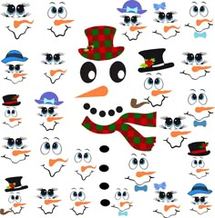 a snowman made up of many different faces and eyes, including one wearing a top hat