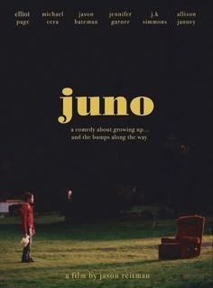 the movie poster for junoo is shown in front of a chair and grass field