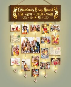 a family photo collage hanging on a string with lights and photos attached to it