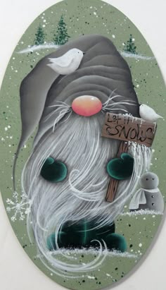 a painting of a gnome holding a sign