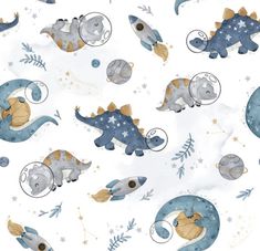 an animal themed wallpaper with dinosaurs and stars on it's white back ground