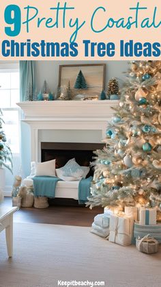 a white christmas tree with blue and silver ornaments in front of it, surrounded by presents