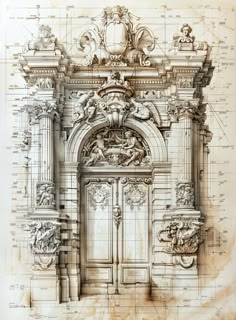 an architectural drawing of a building with columns and carvings on the front, along with other details