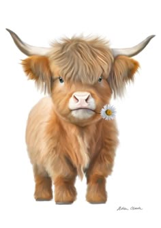 a small brown cow with long horns and a flower in its mouth is looking at the camera