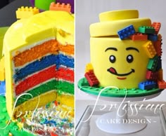 there is a cake made to look like a lego face on the front and side