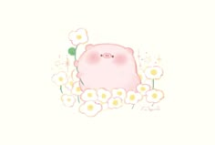 a pink pig surrounded by flowers and daisies