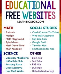 a rainbow poster with the words educational free website on it and other activities to teach them